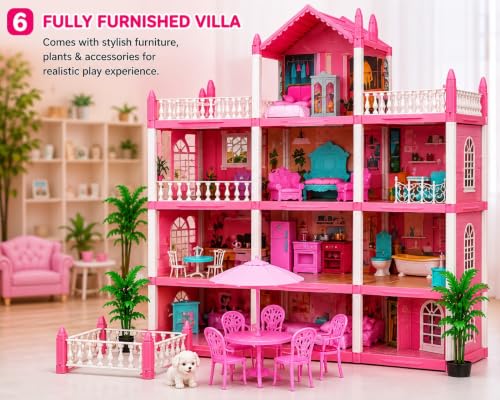 Image of 4-Storey Dream Dollhouse Villa Play Set with Furniture, Puppy & Garden Accessories | Large DIY Doll House for Girls | Educational Pretend Play Toy (Pink)