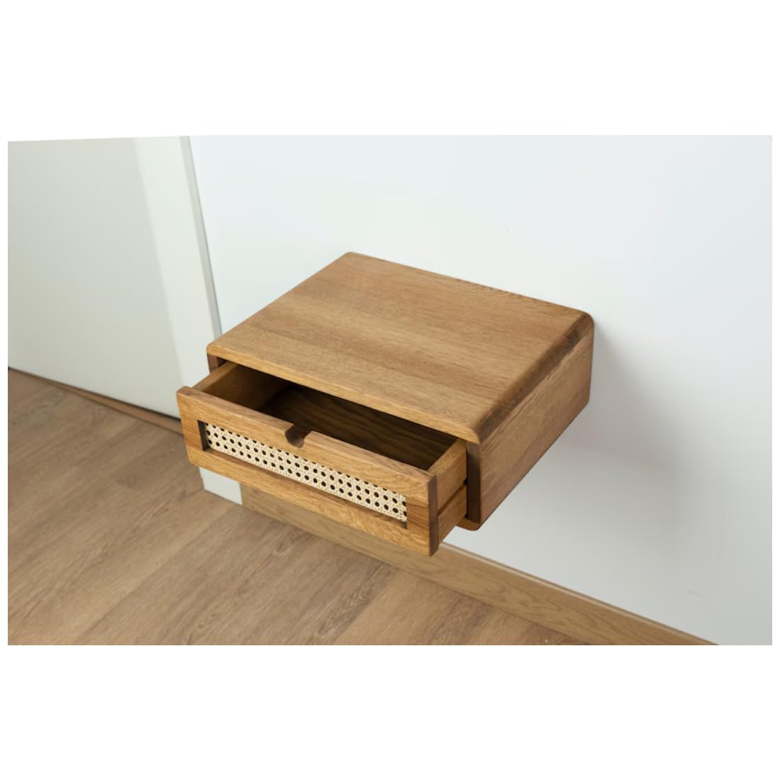 Wall Mounted Nightstand with Rattan Drawer | Solid Mango Wood Bedside Table | Minimalist Floating Shelf | Boho Bedroom Organizer| Handmade Furniture-image-33