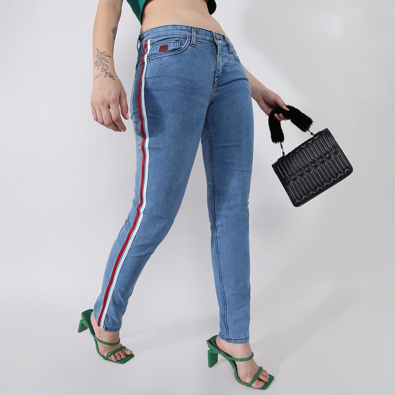 Image of PINACOLADA Women's Side-Striped Denim Jeans for Casual Wear | Light-Wash | Regular Fit | Button Closure | Cotton Denim Jeans Crafted with Comfort Fit for Everyday Wear
