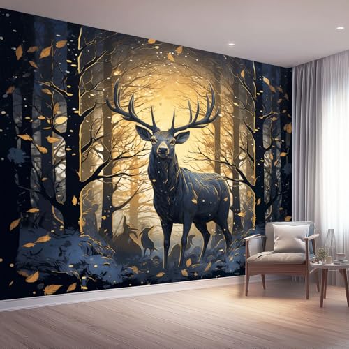 Fantasy Animals Jungle Deer Photo Mural Wallpaper Black Gold Photo Wallpaper 3D Effect, 350 x 256 cm Non-Woven Wall Mural Home Bedroom Living Room Tv Background Poster Decoration