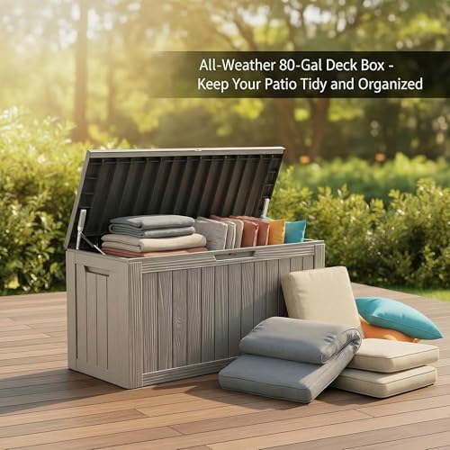 Image of 80 Gallon Resin Deck Box, Outdoor Container for Patio Furniture Cushions, Garden Tools, Pool Accessories & Yard Equipment - All-Weather, Lockable, Wood Grain Design