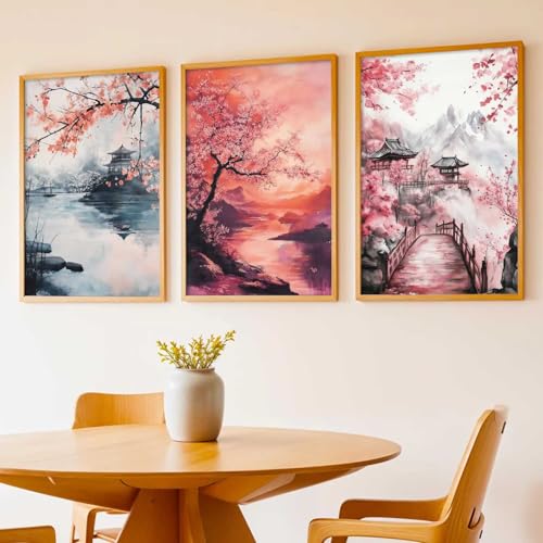Image of kotart Big Aesthetic Japanese Nature Art View Framed Poster | Castle View Wall Framed Posters for Living Room Bedroom Wall Decor Set Of 3 (20x30 Inch)