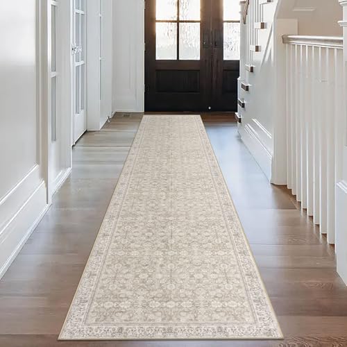 2.6x14 Cream Beige White Grey Washable Runner Rug for Kitchen, Soft Classic Runners with Non-Slip, Non-Shedding Distressed Floral Rug for Hallways Entryway Bedroom Laundry Indoor
