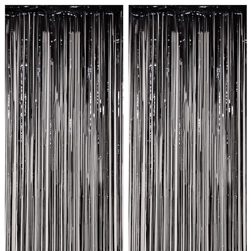 Image of Voircoloria 2 Pack Black Foil Fringe Backdrop Curtains, Tinsel Streamers Birthday Party Decorations, Fringe Backdrop for Graduation, Baby Shower, Gender Reveal, Disco Party