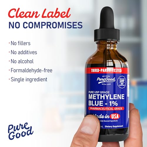 Image of PureGood Glass 2 Pack Pharmaceutical-Grade Methylene Blue 1% Solution (60 mL), USP-Grade, Third-Party Tested, Formaldehyde & Alcohol-Free, Methylene Blue for Humans in Amber Dropper Bottles