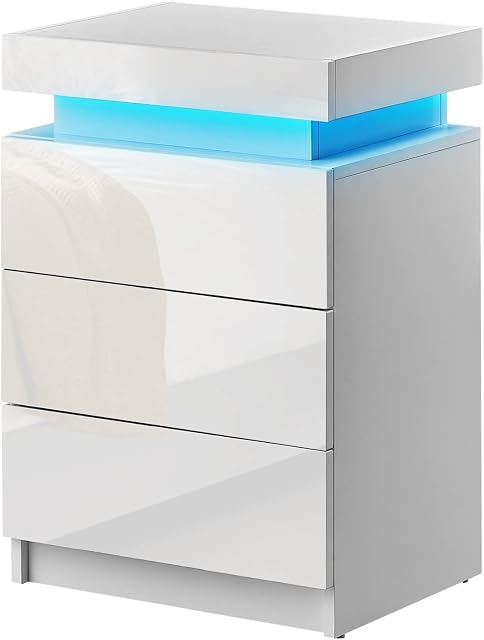 CLIPOP Modern Bedside Table High Gloss Front 3 Drawer Nightstand with RGB Strip Light Flip Cover Design Bedside Cabint for Bedroom Living room