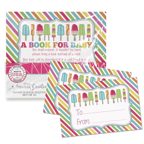 Amanda Creation Book Request Cards Gender Neutral Cool Popsicle Bring a Book Insert Request for Baby Shower - 20 2.5 by 4 Inch Double Sided Gift Tags, Made in the USA