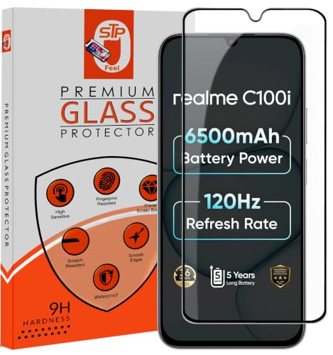 Image of STP FEEL Premium HD+ Tempered Glass Screen Protector Guard Compatible For Realme C100i 4G (6.8 Inch, Pack of 1) | Edge to Edge Coverage With Easy to installation kit for Smartphone