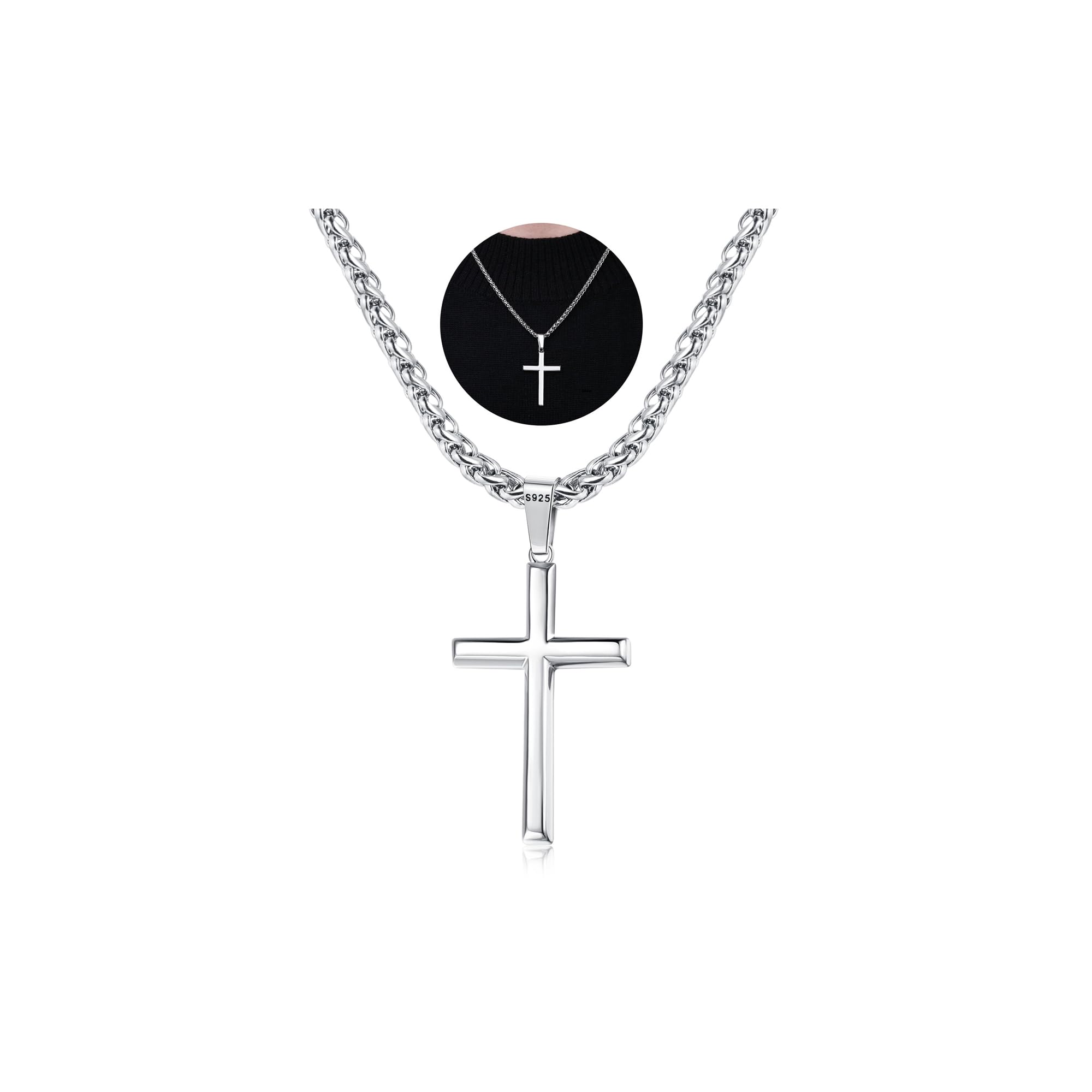 925 Sterling Silver Cross Necklace Men-Removable Silver Cross Pendant with Hypoallergenic 316L Stainless Steel Wheat Chain Crucifix Necklace Jewelry for Mens Women, 16-30 Inches
