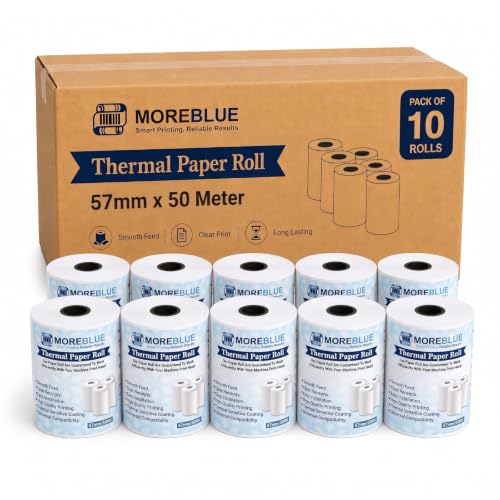 Image of MOREBLUE Thermal Paper /Billing Machine /POS Machine Rolls 2 inch- 57mm(Width) x 50 meter(Length), Ink Free Print for POS, Credit Card Machines, & Petrol Pumps Bill use Pack of 10
