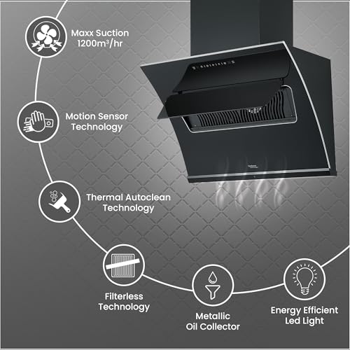 Image of Hindware Smart Appliances | Essence 75 cm Chimney | 1350 CMH | Inclined Glass | Thermal Auto Clean | Filterless | Touch control, Motion sensor | 10 Yrs Warranty on Motor & 2 Yrs on Product (Black)