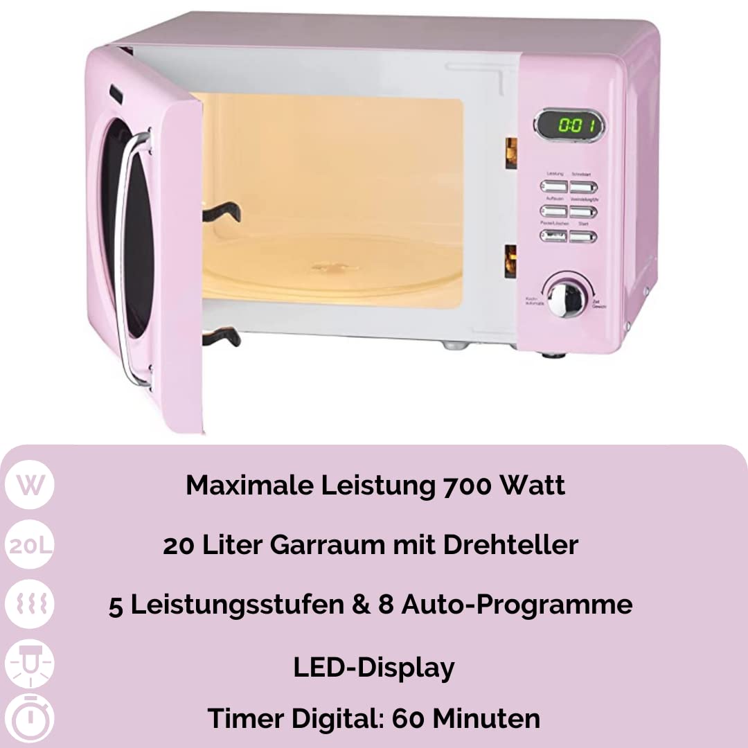 Wolkenstein Retro Stand Mikrowelle WMW720 I 700W Mikrowellenleistung I 20L Garraum I5 Leistungsstufen I 8 Garprogramme IAuftaufunktion I Metall-Gehäuse I Drehteller (24,5cm) I LED-Display (Pink)