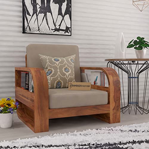 Image of Wooden 1 Seater Sofa Set for Living Room | One Seater Sofa for Office & Lounge | Sheesham Wood (Honey)