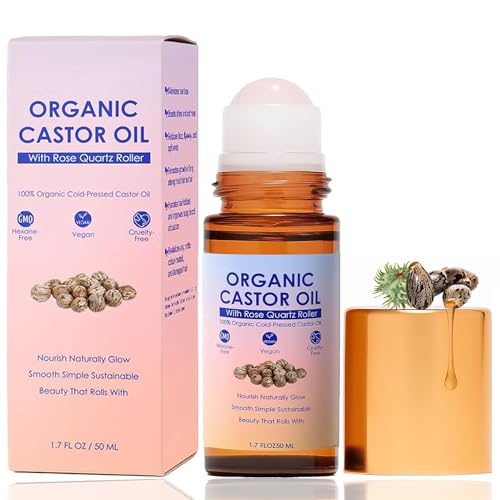 guluxly Organic Castor Oil Rose Quartz Roller Ball Moisturizing Beauty Oil for Skin Brows Lashes Cuticles Hairline & Scalp Care Routine Hexane-Free Portable Nourishing Oil (1)