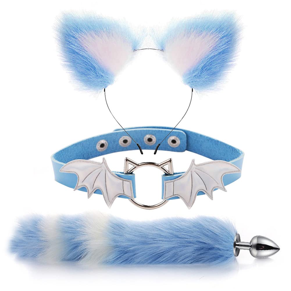 TJCGCKK Animal Cosplay Costume Furry Fox Tail Plug Cute Ears Headband Bat Style Neck Collar Set: Blue