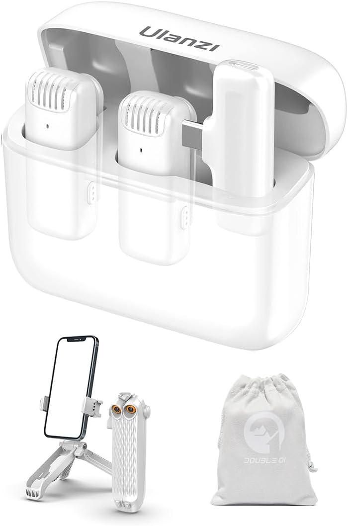 ULANZ I J12 Wireless Microphone Type-C for iPhone 15, Android, iPad, Tablet Laptop Mobile Phone | 20m 7h Battery Plug & Play | for Real Estate Interview YouTube | 1Yr Warranty + Tripod + Pouch (White)
