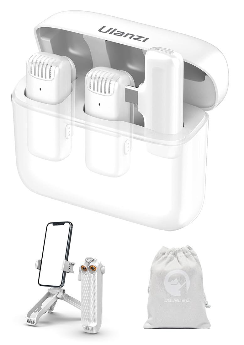 ULANZ I J12 Wireless Microphone Type-C for iPhone 15, Android, iPad, Tablet Laptop Mobile Phone | 20m 7h Battery Plug & Play | for Real Estate Interview YouTube | 1Yr Warranty + Tripod + Pouch (White)