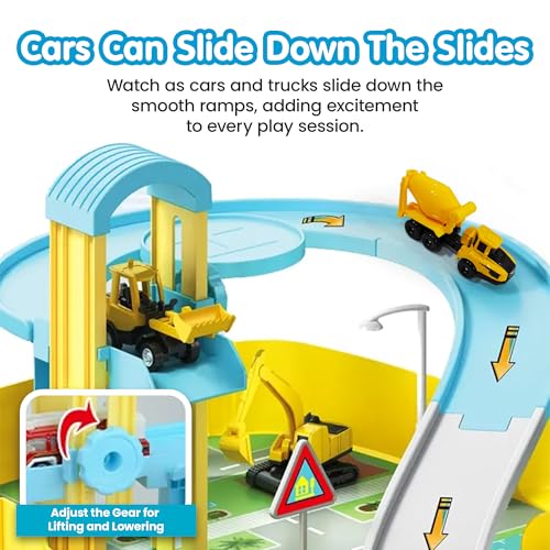 Image of Kidology 2-in-1 DIY Construction Vehicle Set of 4 - Alloy Adventure Cars, Parking Ramp Garage, Dual Handbag Backpack with Track, Montessori Toy for Toddlers & Kids, Birthday Gift for Boys & Girls