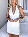 HOCILLE Women's Sexy Halter Bodycon V Neck Backless Ruched Drawstring Mini Club Party Dresses, Small, White