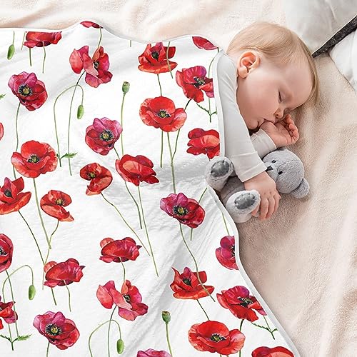 Image of Swaddle Blanket for Red Poppy Flowers Baby Receiving Blanket Muslin Baby Swaddles Soft Cotton Breathable Nursery Blankets for Unisex Boys and Girls 30x40 Inch