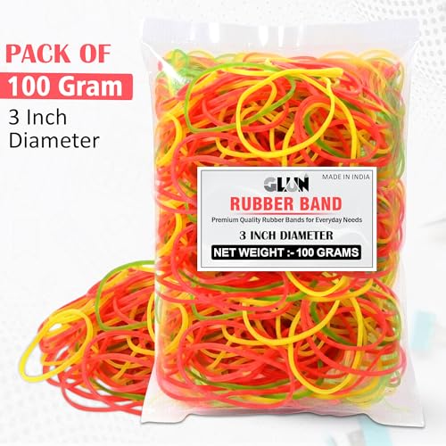 Image of GLUN 3 Inch Bright Multicolour 100g Rubber Band Pack, Highly Stretchable & Durable Elastic Bands for Office, Home, School & Packaging Use