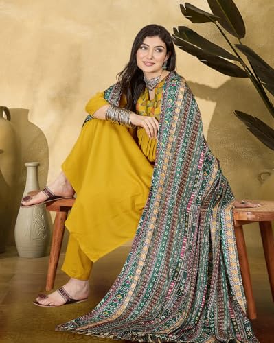 Image of SheWill Women's Mustard American Crepe Zari Sequence Embroidered Alia Cut Kurta with Pant and Dupatta