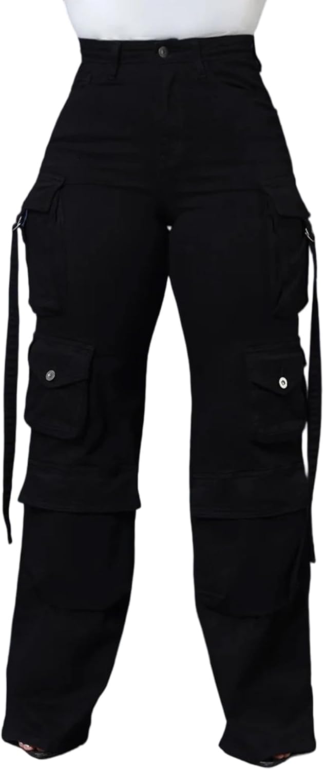 Women's Mid Rise Cargo Jeans Straight Wide Leg Baggy Jean Casual Y2K Streetwear Denim Pants