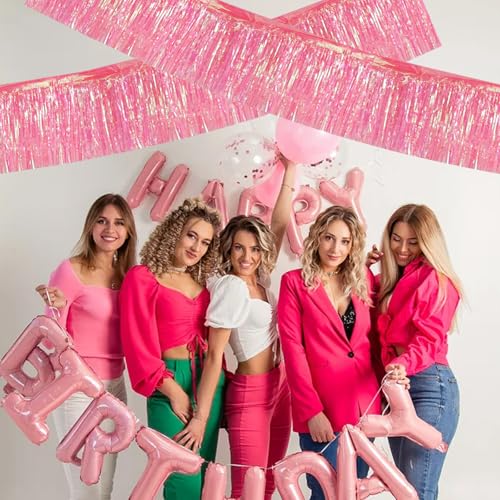 Image of BEISHIDA 3 Packs Metallic Foil Fringe Garland Shining Pink Wall Hanging Tinsel Fringe Banners for Car Floats Bridal Shower Wedding Birthday Easter Graduation Holiday Party Decoration(30 Feet)