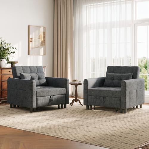 LINSY HOME 3-in-1 Schlaferstuhl, 1-Sitzer Sofa mit Schlaffunktion, Chenille Sessel Kleine mit Kissen und Seitentasche für Kleine Wohnung - Schlafbereich 74 x 190cm (Grau) – Bild 3