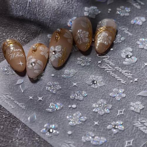 Image of 5D Embossed Flower Nail Stickers for Nails Art Silver Nail Decals Self Adhesive Nail Art Stickers Rhinestone with Design for Women Girls Nails Supplies Manicure Decorations Accessories