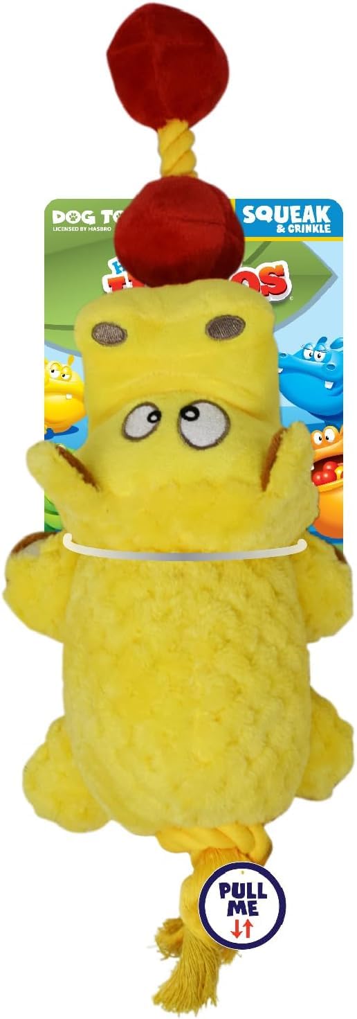 Hasbro Hungry Hungry Hippos Squeak and Tug Plush Dog Toy, 17-Inch Durable Toy for Dogs, Yellow/Red