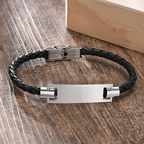 Mealguet Jewelry Personalized Id Leather Bracelet For Men, Stainless Steel And Braided Leather Minimalist Wristband Custom Engraving Id Bracelet Leather Id Bracelet #TOP6