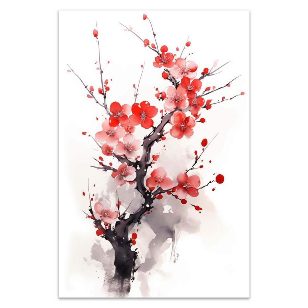 COTAIL Unframed Canvas Wall Art For Bedroom Office Wall Decor, 12x8in Red Chinese Plum Blossom Wall Decorations For Living Room Painting Pictures Artwork For Modern Posters Prints Home Decor