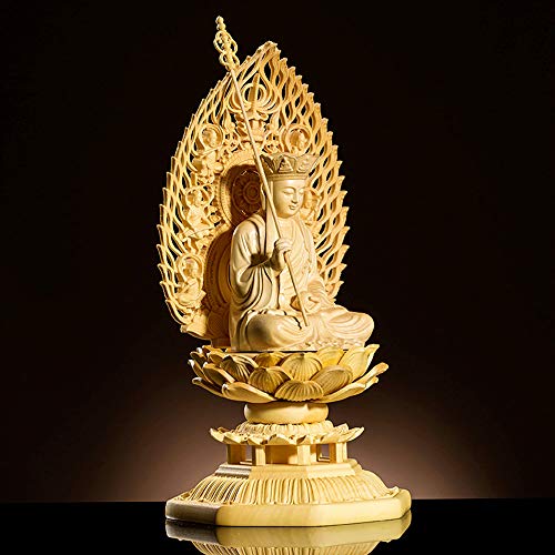 仏像 地蔵菩薩 座像 木彫り 仏壇仏像 置物 守り本尊 祈る 厄除け 桧木製 飛天光背 八角台座 (高さ18cm×巾8.5cm×奥行8.5cm)
