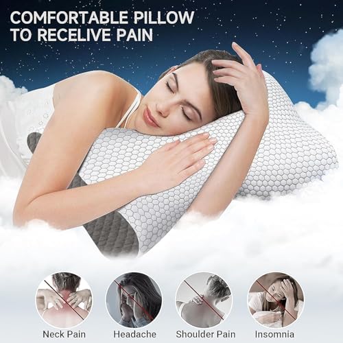 Image of CloudBliss Memory Foam Pillow, Ergonomic Neck Contour Cervical Pillow for Back and Shoulder Pain, Orthopedic Pillow for Neck Pain Relief, for Sleeping Side, Back, Stomach Sleepers - Grey, Standard