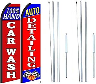 OnPoint Wares Hand Car Wash Auto Detailing King Flag - Pack of 2 | 3 ft by 11.5 ft Polyester Business Signs with Complete Hybrid Pole Set