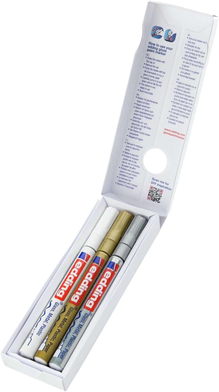 edding 751 gloss paint marker set - white, gold, silver (metallic) - 3 paint markers - round nib 1-2 mm - paint pen for glass, pebbles, wood, plastic, paper - waterproof, high coverage