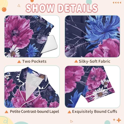 senya Wildflower Daisy Blue Butterflies Satin Summer Pajama Sets Silk Short Sleeve Button Down Sleepwear3