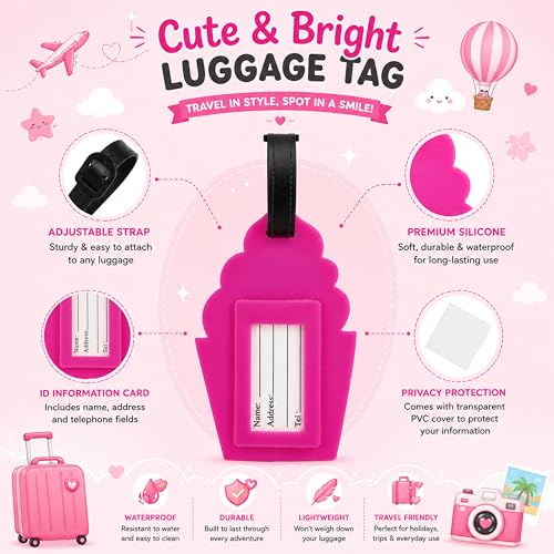 Image of Storite Pack of 2 Luggage Tags with Black Silicon Strap (Dark Pink)