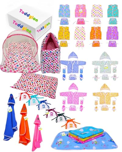 Image of Toddylon Flat Bed 56 in 1 New Born Baby Products All Baby Bedding Set | Baby Clothes | Gift Packs | Hospital Kit | Essentials Items | Infants Combo (0-6 Months)