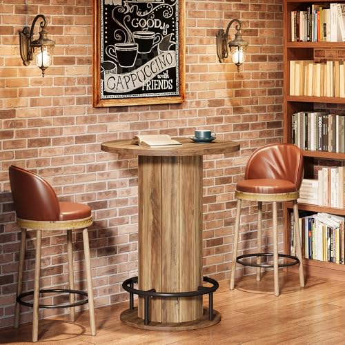 Image of Tribesigns Round Dining Table, Bar Height Commercial Kitchen Table with Wood Strip Base and Footrest, for Dining Room, Restaurant, Cafe, Bakery, School, Apartment, Brown (Only Table)