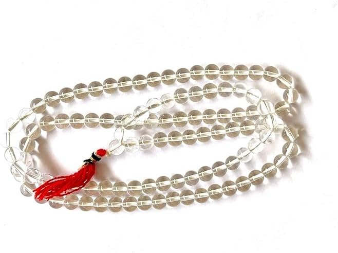 NAISHA Clear Crystal Mala Quartz 108 beads Sphatik Energy Neclace for Men Women, Spiritual Temple Gift (108+1 Beads) Healing Gemstone Jaap Mala 8 MM