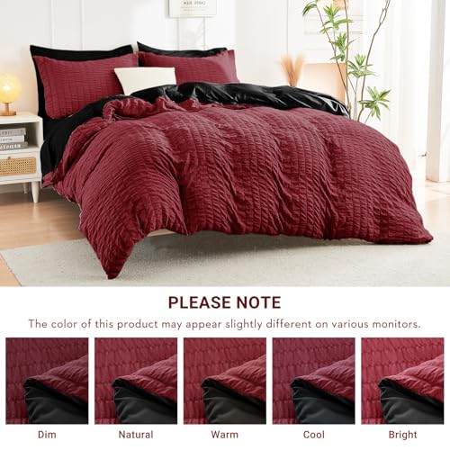 Image of HYMOKEGE Red /Black Oversized Queen Comforter Set Seersucker 7 Pieces, All Season Luxury Bed in a Bag for Bedroom, Bedding Set with Comforter, Sheets, Pillowcases & Shams