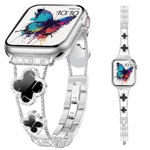 NYENEIL Compatible with Apple Watch Ultra Band 38MM 40MM 41MM 42MM Series 10 9 8 7 6 5 4 3 2 1 Smartwatch wistband Bracelet Strap Lucky clover Bracelet iWatch Band for Women Silver/Black - image 4