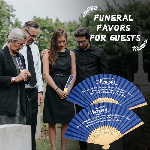 Image of Threehoney 50 Pack Funeral Favors for Guests in Loving Memory Handheld Fans Paper Folding Hand Fan Bulk Funeral Gifts for Services Condolence Sympathy Accessories (Blue)