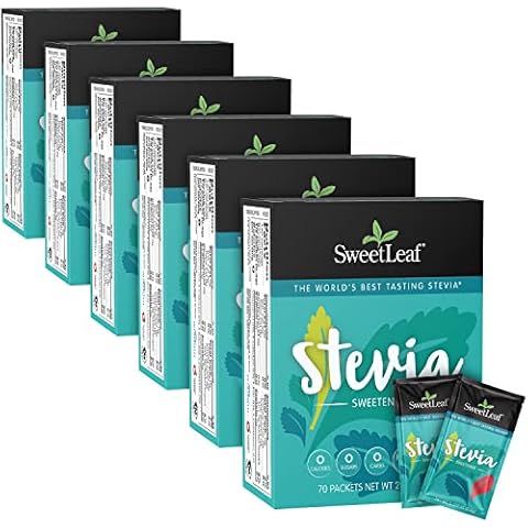 SweetLeaf Stevia Packets - Zero Calorie Natural Stevia Powder, No Bitter Aftertaste, Sugar Substitute for Keto Coffee, Nothing Artificial, Non-GMO Stevia Sweetener Packets, 70 Count (Pack of 6) Cover