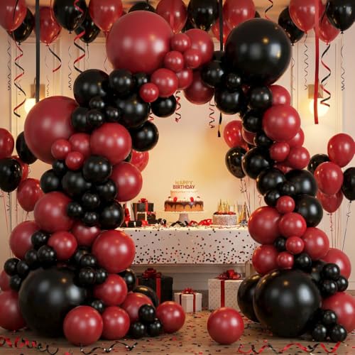 Image of RUBFAC 135pcs Ruby Red Balloons, Cherry Dark Red Burgundy Latex Balloon Different Sizes 18 12 10 5 Inch for Garland Arch Birthday Wedding Party Decoration