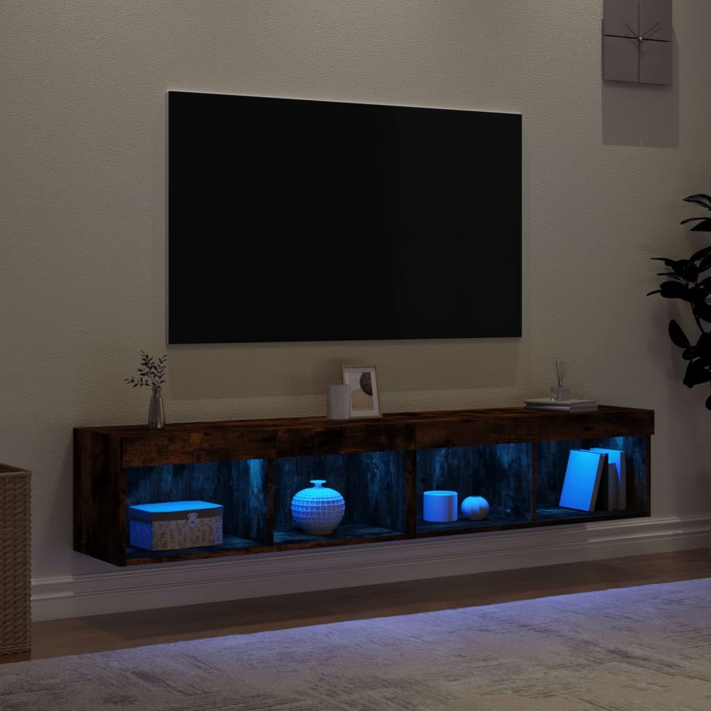 Juego de 2 armarios de TV con luces LED, roble ahumado, 80 x 30 x 30 cm, montaje en pared, centro de entretenimiento para salón