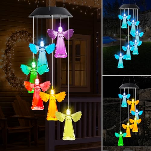 MorTime 28 LED Solar Wind Chime Color Changing Solar Angel Wind Chimes Mobile Hanging Wind Chime for OutsideHome Garden Decoration