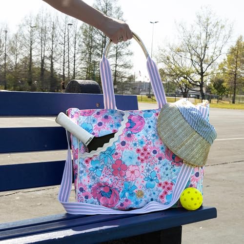 Lilly Pulitzer Pickleball Bag with Crossbody Strap, In All Her Glory | Pink & Blue Floral Sports Storage for 2 Paddles, Zipper Pocket, Waterbottle Sleeve, Adjustable Strap and Gold Details - Image 6